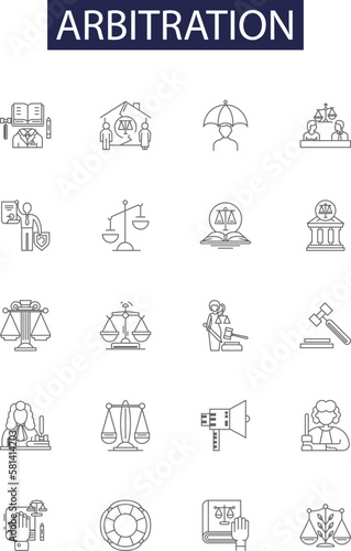 Arbitration line vector icons and signs. Settlement, Conciliation, Award, Negotiation, Adjudication, Interim, Conclusion, Resolve outline vector illustration set