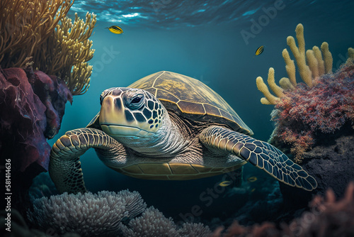 sea turtle underwater near coral reefs Generative AI