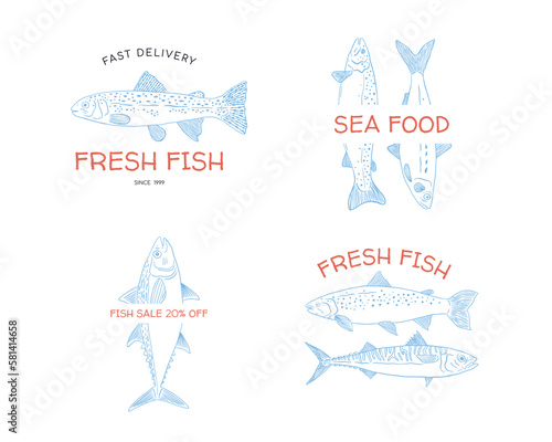 Hand drawn fish logo set in sketch style. Simple vector isolated illustration on white background