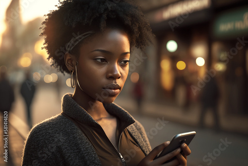 Happy afro American young girl reading a message from smartphone  fictitious person. AI generated image