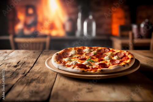 Hot pizza with pepperoni on a wooden table near the oven. Genarated by AI