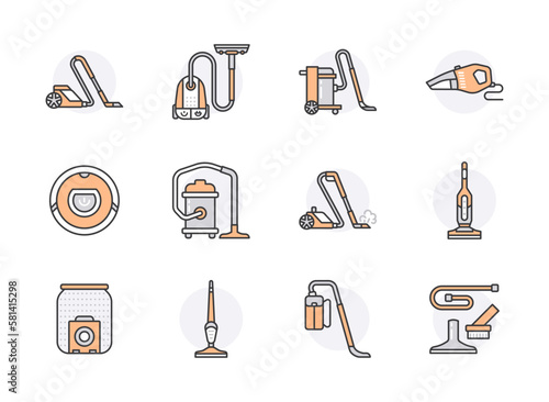 Vacuum cleaners flat line icons. Industrial, household, handheld, robotic, canister, wet dry, cordless hoover. Thin linear signs for housework equipment shop. Orange color. Editable Stroke