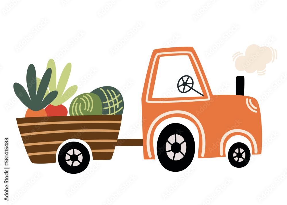Agricultural machine with harvest. Cart with vegetables, cabbage and ...