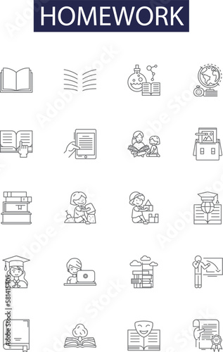 Homework line vector icons and signs. Assignment, Learning, Exercise, Studies, Responsibility, Work, Drill, Exploration outline vector illustration set