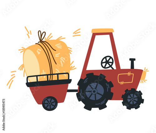 Tractor with hay. Farm and agriculture. Flat dried haystack in wagon and suck, hayloft. Perfect for printing, posters, children's postcards and websites. Cartoon vector illustration.