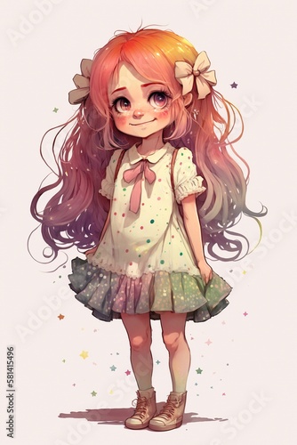  Playful and Adorable Cartoon Girl with Bright Orange Hair, Beaming Smiles, and a Charming Little Dress generative AI
