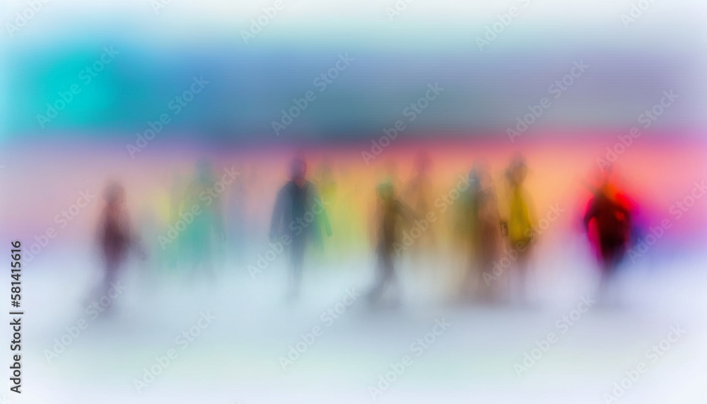 Abstract illustration of group of people blurred on colored smoke. AI Generative