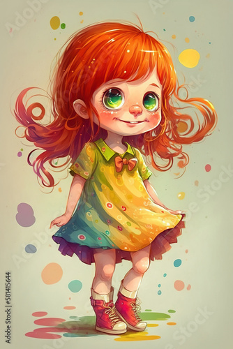  Playful and Adorable Cartoon Girl with Bright Orange Hair  Beaming Smiles  and a Charming Little Dress generative AI