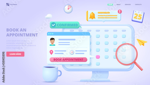 Book an appointment online, schedule meeting on the calendar selecting the date. 3d design concept for landing page. Three dimensional vector illustration.
