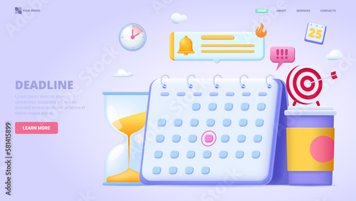 Deadline,desk calendar, hourglass, coffee, time management, manager pressure at workplace, time planing, working overtime. 3d design concept for landing page. Three dimensional vector illustration.