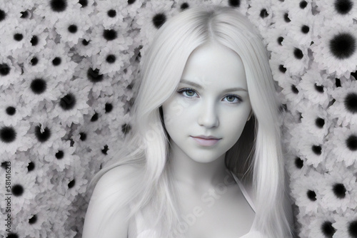 White blonde with blue eyes dress poses against background flowers.Generative AI.