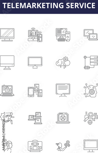 Telemarketing service line vector icons and signs. Service, Outbound, Call, Inbound, Strategies, Advertising, Sales, Promotion outline vector illustration set
