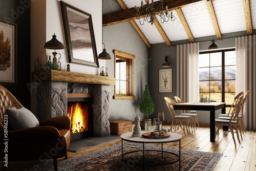 Living room with fireplace in rustic style with sofa and dining table. Generative AI