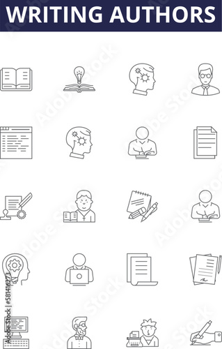 Writing authors line vector icons and signs. Writers, Poets, Journalists, Bloggers, Columnists, Novelists, Playwrights, Editors outline vector illustration set