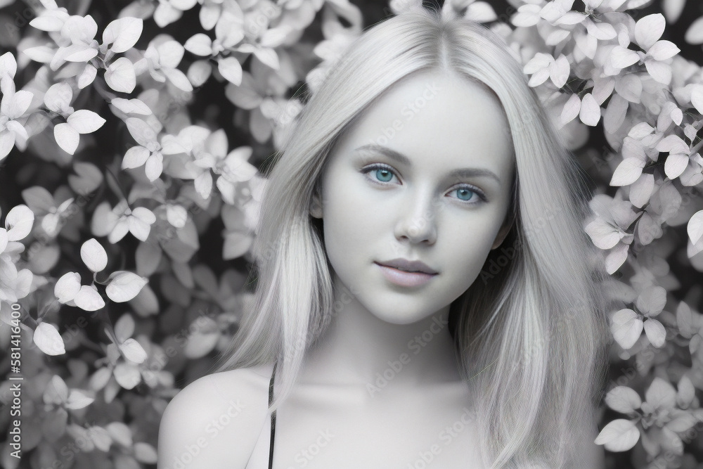 White blonde girl with blue eyes in a dress poses against background of gray foliage.Generative AI. White blonde girl with blue eyes in a dress poses against background of gray foliage.Generative AI.