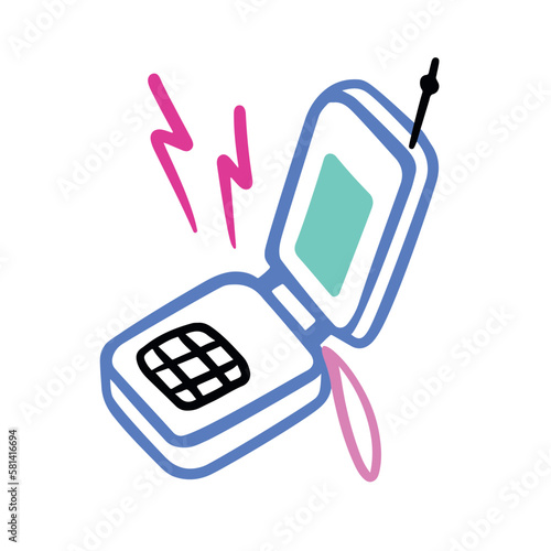 Old retro mobile phone clamshell with antenna. Push-button phone. Illustration or sticker in doodle simple outline style.