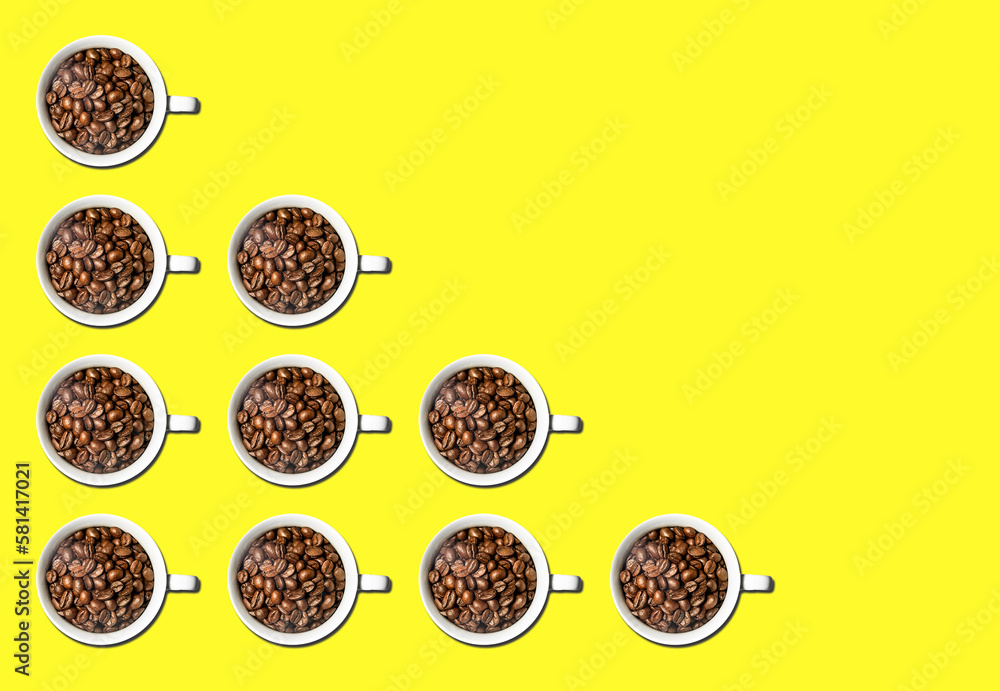 pattern of white coffee cups full of coffee beans isolated over bright colorful yellow background pattern of white coffee cups full of coffee beans isolated over bright colorful yellow background