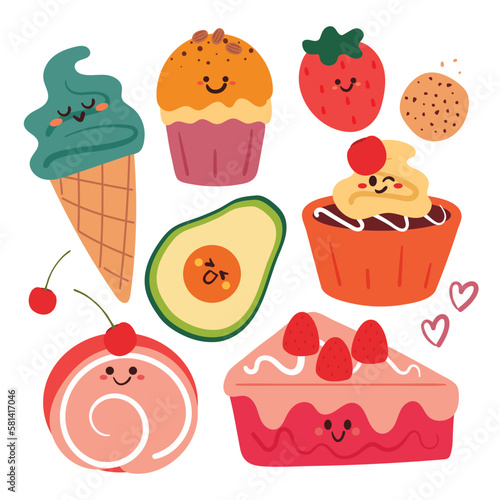 hand drawing cartoon set of cute dessert sticker set