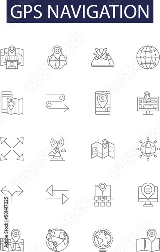 Gps navigation line vector icons and signs. Navigation, Tracking, Route, Mapping, Directions, Position, Monitor, Calculate outline vector illustration set