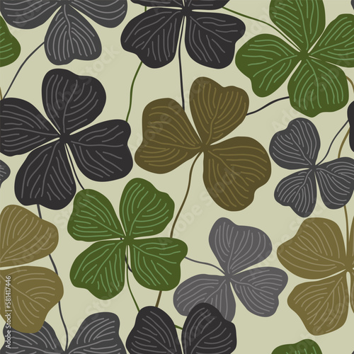 Clover leaf seamless pattern, hand drawn doodle illustration. St Patricks Day symbol, Irish lucky shamrock vector background