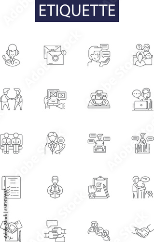Etiquette line vector icons and signs. politeness, decorum, manners, respect, civility, compassion, induction, modesty outline vector illustration set