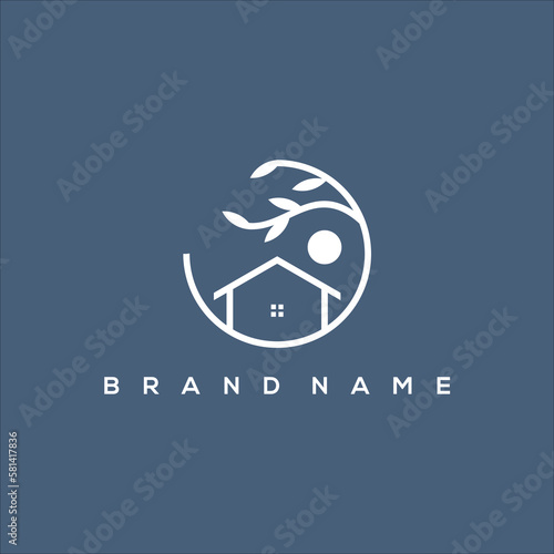 House line art icon logo with circle leaf and moon