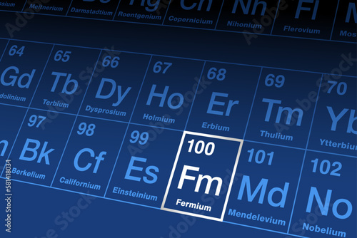 Fermium on periodic table. Radioactive transuranic metallic element in the actinide series, with atomic number 100 and symbol Fm, named in honor of Enrico Fermi. Only used for scientific researches. photo
