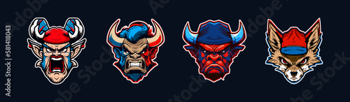 Cartoon animal head, red and blue sport logo collection with white outlined. Angry face of buffalo, bull, deer and coyote characters. Sport team mascot set. Vector illustration