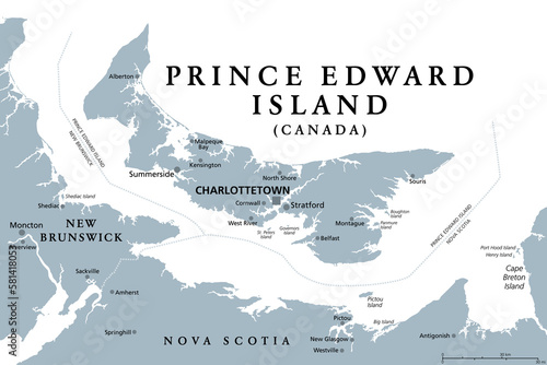 Prince Edward Island, Maritime and Atlantic province of Canada, gray political map. Known as The Island, in Gulf of St. Lawrence, bordering New Brunswick and Nova Scotia, with capital Charlottetown. photo
