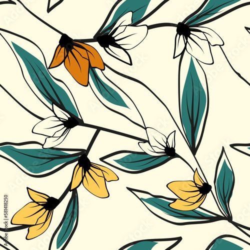 Beautiful paper art seamless pattern with flowers. Summer vector illustration. Spring floral vector illustration.Design element.