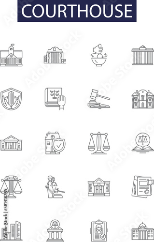 Courthouse line vector icons and signs. Law, Building, Courtyard, Justice, Hall, Proceedings, Hearing, Litigation outline vector illustration set