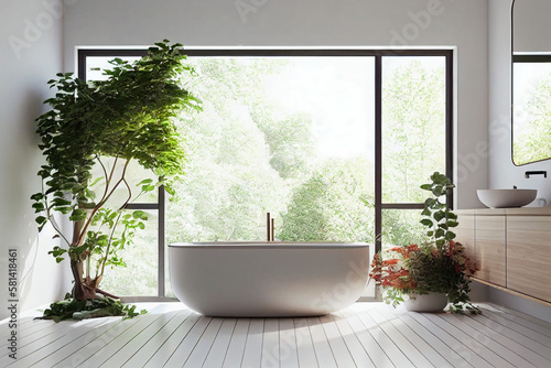 Minimalist bathroom with a bathtub placed in front of a large window