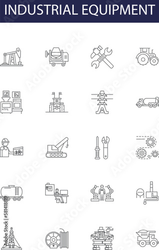 Industrial equipment line vector icons and signs. Tools, Industrial, Equipment, Fabrication, Robotics, Automation, Pumps, Motors outline vector illustration set
