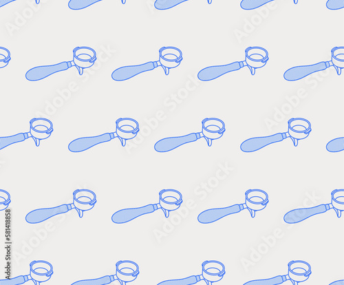 Seamless pattern of the portafilter. Line art. Vector illustration for coffee shops, cafes, and restaurants.