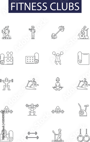 Fitness clubs line vector icons and signs. Training, Health, Exercise, Workout, Yoga, Weight, Cardio, Spinning outline vector illustration set