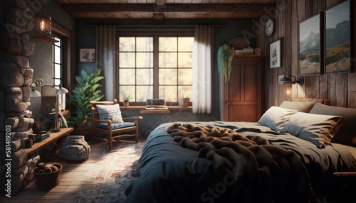 concept for cozy rustic bedroom. Generative AI © Putrasatria
