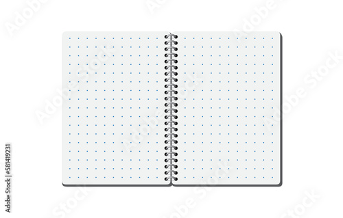 Open spiral notebook 3d dotted empty paper, blank page notepad with cover vector illustration. White blue notebook pages background to use in education, business, school projects. 