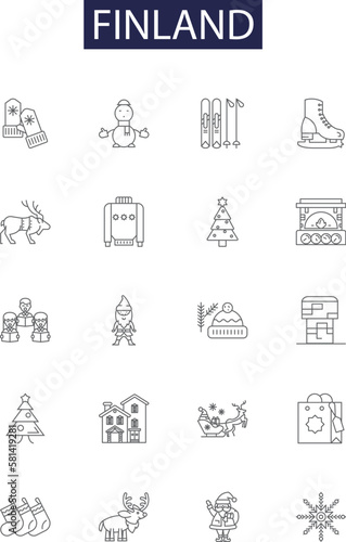 Finland line vector icons and signs. Scandinavia, Nordic, Arctic, Helsinki, Lapland, Arctic Circle, Suomi, Karelia outline vector illustration set