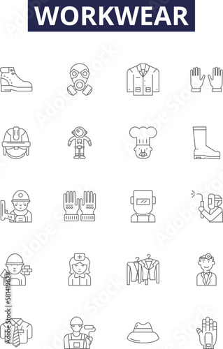 Workwear line vector icons and signs. Uniforms, Scrubs, Overalls, Aprons, Coveralls, Clothing, Outerwear, Vests outline vector illustration set photo