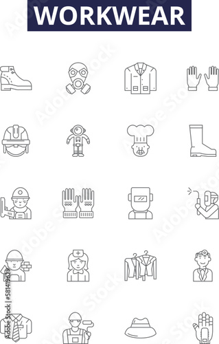 Workwear line vector icons and signs. Uniforms, Scrubs, Overalls, Aprons, Coveralls, Clothing, Outerwear, Vests outline vector illustration set