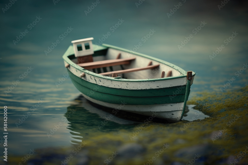Vintage rowing boat on the waterside of a lake. Generative AI