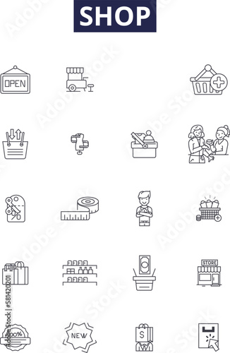 Shop line vector icons and signs. Boutique, Market, Purchase, Sell, Trade, Trade-in, Shop, Retail outline vector illustration set