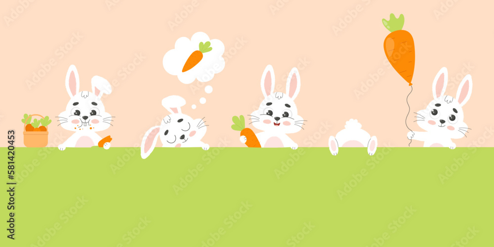 Fototapeta premium Set cute white funny rabbits with carrots. Bunny character. Cartoon vector illustration.