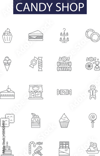 Candy shop line vector icons and signs. Sweets, Confectionery, Chocolates, Lollipops, Candyfloss, Cotton Candy, Toffees, Caramels outline vector illustration set