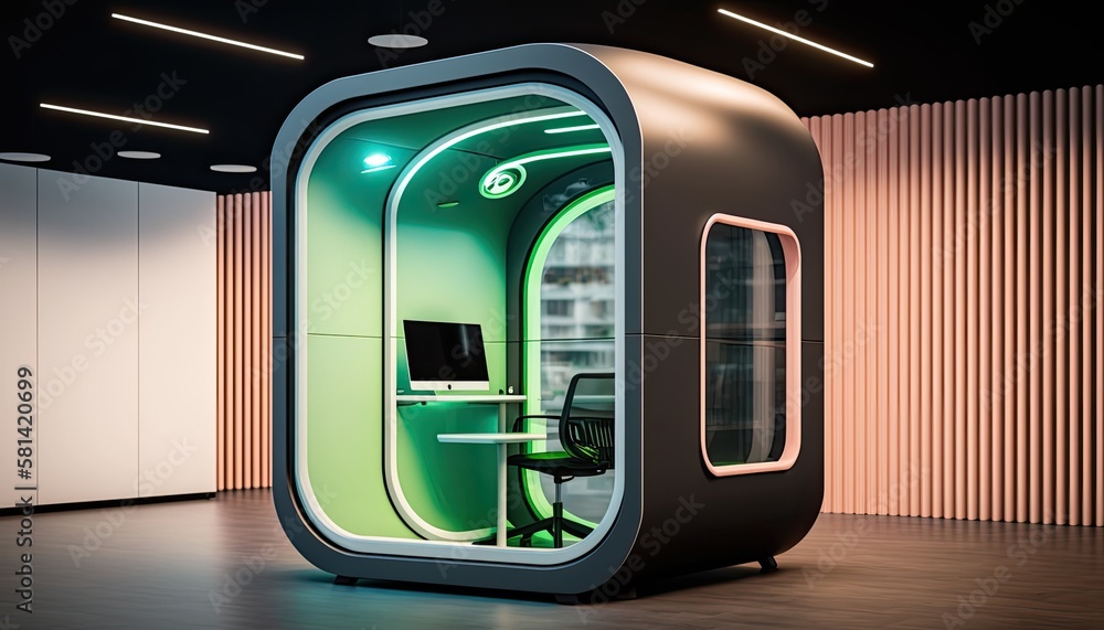 Futuristic empty office pod capsule room for concentrate work in silence, online negotiation in futuristic self contained room in open space office, focus task work with issues, generative AI - obrazy, fototapety, plakaty 