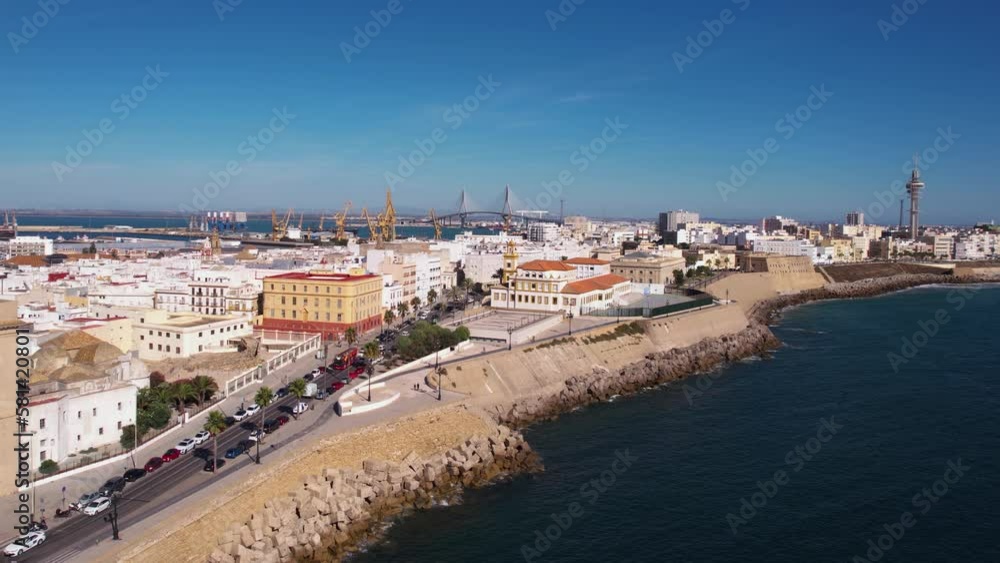 Aerial View of Cádiz Spain, Cityscape Skyline From Atlantic Ocean, Buildings and Harbor Aerial View of Cádiz Spain, Cityscape Skyline From Atlantic Ocean, Buildings and Harbor