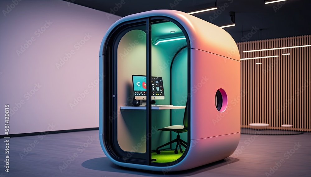 Futuristic empty office pod capsule room for concentrate work in silence,  online negotiation in futuristic self contained room in open space office,  focus task work with issues, generative AI Illustration Stock