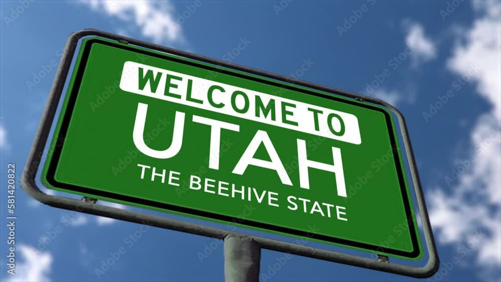 Welcome to Utah, The Beehive State Road Sign, Close Up Realistic 3D Animation Welcome to Utah, The Beehive State Road Sign, Close Up Realistic 3D Animation