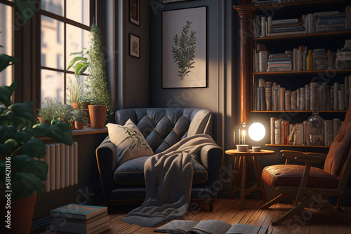 cozy reading nook in corner living room. Generative AI © Putrasatria