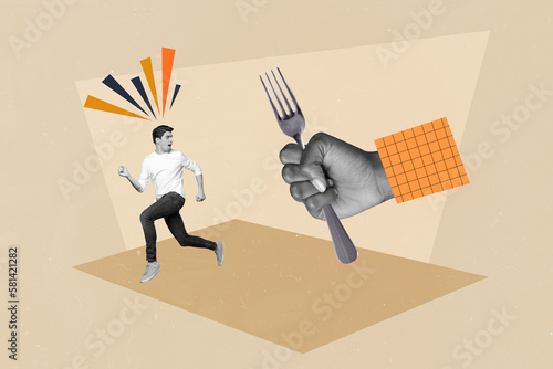 Creative drawing collage picture of frightened little man running escape big hand hold fork cannibal want eat food lunch meal nutrition